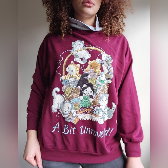 Vintage Sweaters - Vintage 90s Burgundy Yarn Kit Kitty Cat A Bit Unraveled Sweatshirt Phoebe Buffay